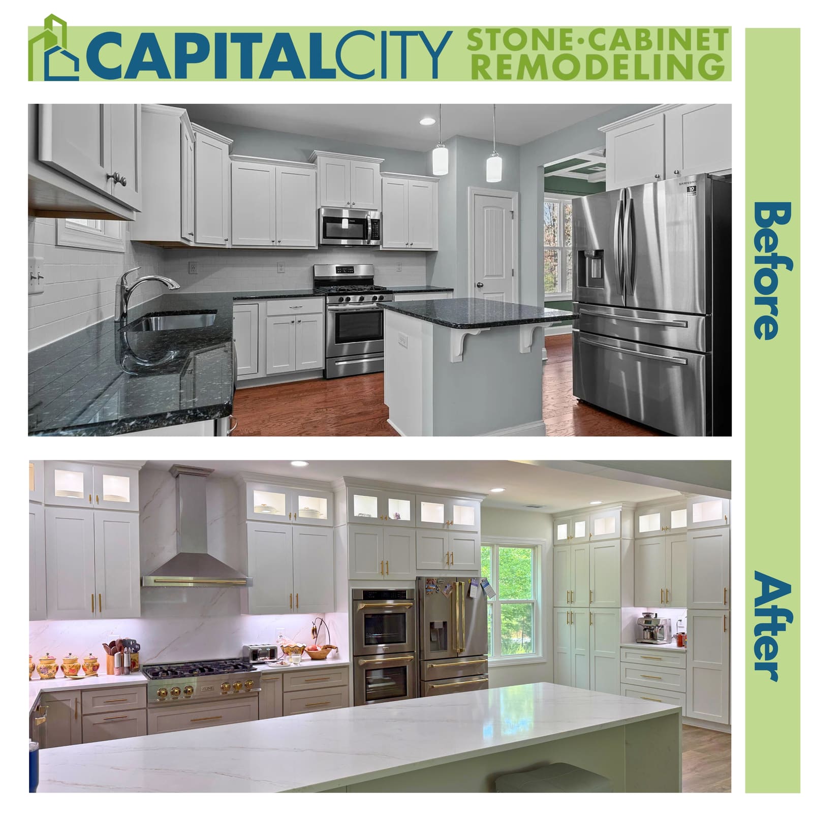 Before and after: dated kitchen fully transformed with new cabinets, island, and quartz